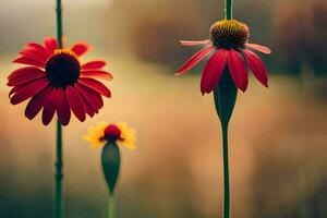 three red flowers are standing in a field. AI-Generated photo