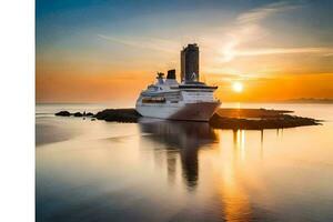 a cruise ship in the ocean at sunset. AI-Generated photo