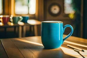 a blue coffee mug sitting on a wooden table. AI-Generated photo