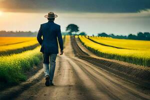 un hombre en un traje y sombrero camina abajo un suciedad la carretera. generado por ai foto