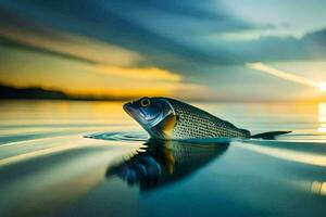 un pescado nadando en el agua a puesta de sol. generado por ai foto