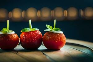 Tres fresas con crema y menta en cima. generado por ai foto