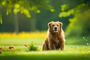 a golden retriever sitting in the grass. AI-Generated photo