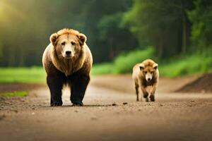 un marrón oso y un pequeño perro caminando abajo un la carretera. generado por ai foto