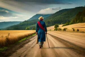 un hombre en un azul traje camina abajo un suciedad la carretera. generado por ai foto