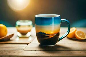 un café jarra con un puesta de sol en él. generado por ai foto