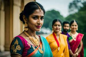 a woman in a sari poses with her friends. AI-Generated photo