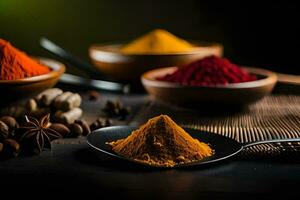 spices in bowls and spoons on a black background. AI-Generated photo