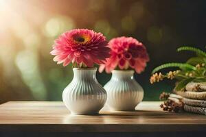 two pink flowers in white vases on a table. AI-Generated photo