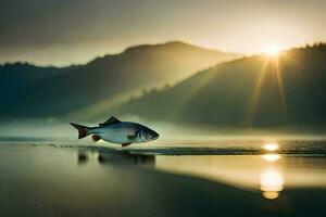 a fish is standing on the shore of a lake at sunrise. AI-Generated photo