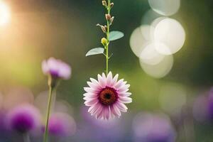 a pink flower is hanging from a vine in a field. AI-Generated photo