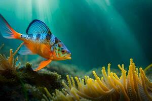 un pescado nadando en el Oceano con un anémona. generado por ai foto