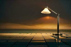 a lamp on a table near the ocean. AI-Generated photo