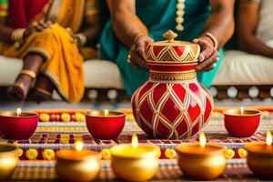 indio Boda ceremonia con velas y jarrones generado por ai foto