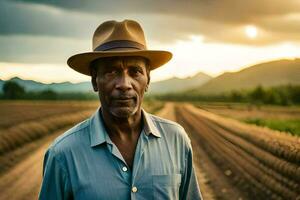 a man in a hat stands in a field. AI-Generated photo