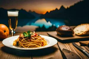 spaghetti and beer on a wooden table. AI-Generated photo