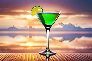 green cocktail in a martini glass on a wooden table. AI-Generated photo