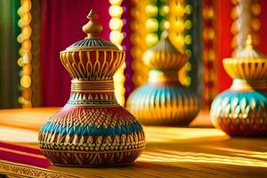 colorful vases on a table with colorful curtains. AI-Generated photo