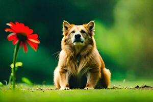 a dog sitting in the grass with a red flower. AI-Generated photo