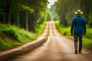 a man in a suit and hat walks down a dirt road. AI-Generated photo