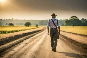 un hombre en un sombrero y tirantes caminando abajo un suciedad la carretera. generado por ai foto