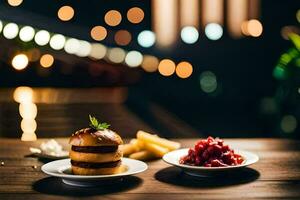 two small plates with food on a wooden table. AI-Generated photo