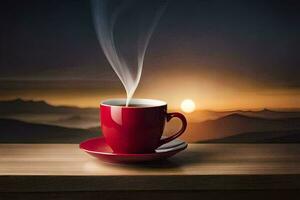 a cup of coffee on a table with a view of the sunset. AI-Generated photo