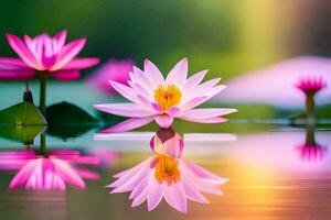 pink lotus flowers in the water with a green background. AI-Generated photo