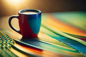 a colorful cup of coffee on a table. AI-Generated photo