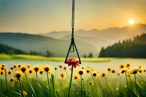 a flower hanging from a hook in front of a field. AI-Generated photo