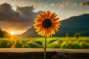 a sunflower is seen in front of a wooden fence with a field in the background. AI-Generated photo