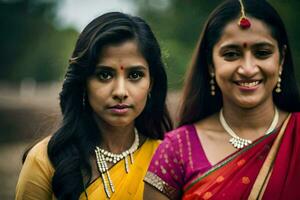 dos mujer en saris en pie siguiente a cada otro. generado por ai foto