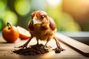 un pequeño pájaro es en pie en un mesa con algunos alimento. generado por ai foto