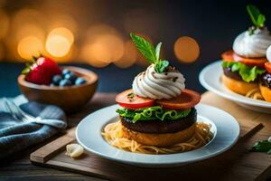 two plates with hamburgers and other food on them. AI-Generated photo