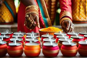 a woman in indian wedding dress is preparing food. AI-Generated photo