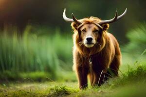 a yak with horns standing in the grass. AI-Generated photo