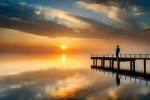 un hombre soportes en un muelle a puesta de sol. generado por ai foto