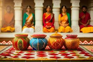 un grupo de mujer en vistoso saris sentado en un alfombra. generado por ai foto