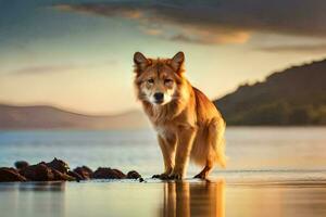 un perro en pie en el playa a puesta de sol. generado por ai foto