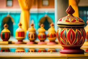 colorful vases on a table in front of a colorful curtain. AI-Generated photo