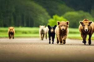 a group of brown bears walking down a road. AI-Generated photo