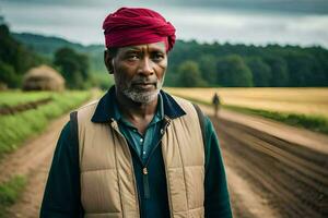 a man in a red turban stands in a field. AI-Generated photo