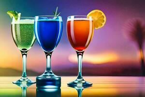 three glasses of colorful drinks on a table. AI-Generated photo