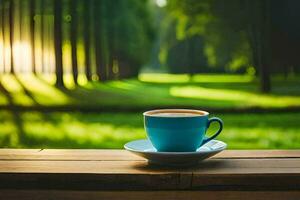 un taza de café en un de madera mesa en el bosque. generado por ai foto