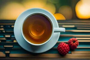 a cup of tea with raspberries on a wooden table. AI-Generated photo