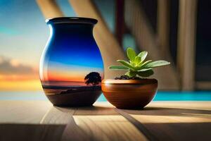 a vase with a plant in it and a sunset. AI-Generated photo