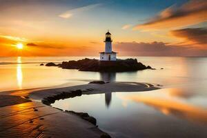 a lighthouse is seen at sunset on the shore. AI-Generated photo