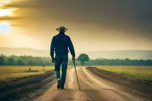 un hombre caminando en un suciedad la carretera con un caña. generado por ai foto