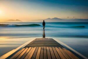 un hombre en pie en un de madera muelle mirando fuera a el océano. generado por ai foto