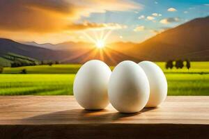 three eggs on a table in front of a green field. AI-Generated photo
